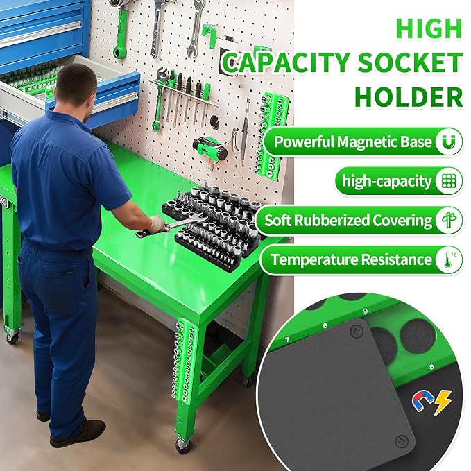 Magnetic Socket Organizer Set, 8PCS Socket Holder, 6 Socket Trays & 2 Wrench Racks, Metric & SAE Tool Box Organizer for 1/4", 3/8", 1/2" Sockets for Toolbox Storage (Black and Green, 8Pcs)