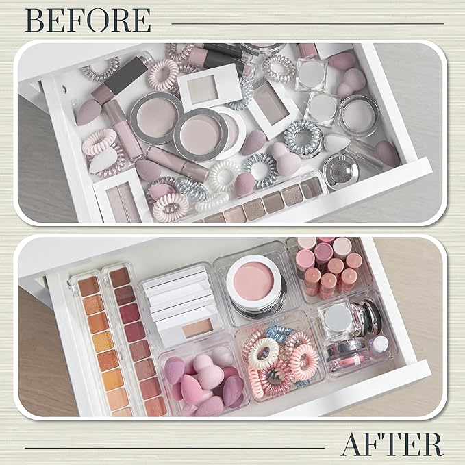STORi SimpleSort 6-Piece Stackable Clear Drawer Organizer Set | 3" x 3" x 2" Square Trays | Small Makeup Vanity Storage Bins and Office Desk Drawer Dividers | Made in USA (Pack of 2)
