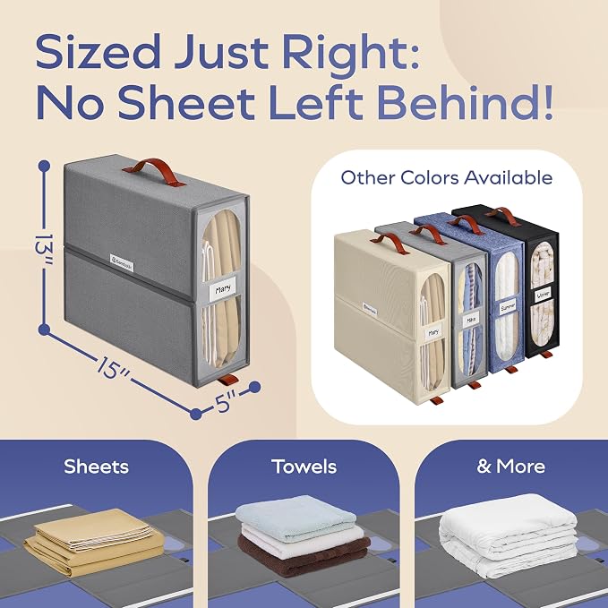 4x Bed Sheet Organizer Storage Boxes with Big See-Through Windows - Bedsheet Organizers Redesigned. Robust Bed Sheet Storage -15x13x5 Inches Sheet Organizers Containers (Gray)