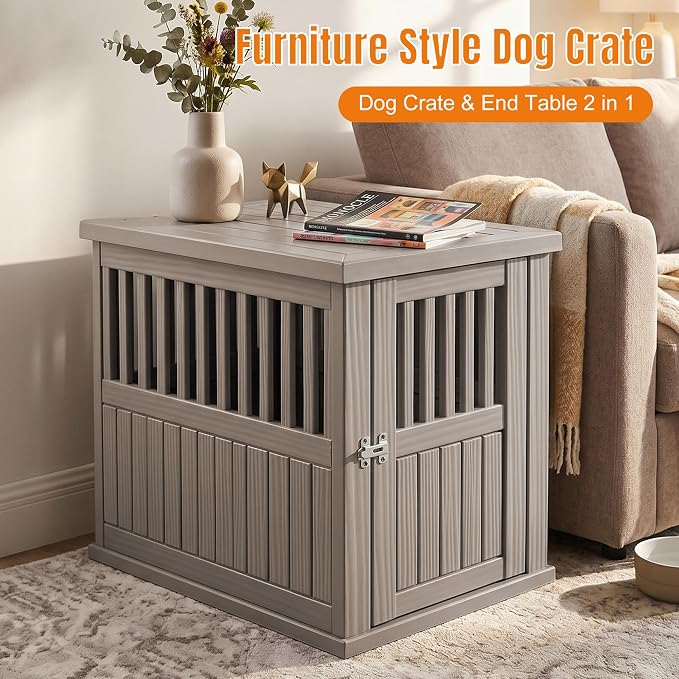 EFU 40 Inch Large Dog Crate Furniture, Indoor Dog Kennel, Puppy Pet House | Resin Pet House End Side Table, Waterproof Puppy Crates Cage for Large Medium Dogs to 70 lb, Grey