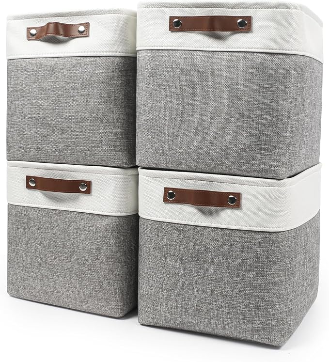 Bagnizer Collapsible Fabric Storage Cubes 11x11 Cube Storage Bins, 4 Pack Closet Baskets Box with Handles for Organizing, Shelf, Toys, Clothes, Home, Office, Nursery (Grey&White)