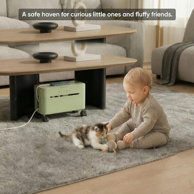 2-Tier Rolling Cable Management Box with Wheels (Large) – Mobile Power Strip Hider & Cord Organizer – Under Desk Wire Concealer & Charging Station Organizer – Baby & Pet Proof Safety (Cream White)