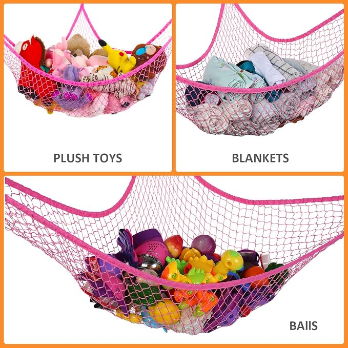 Toy Hammock for Stuffed Animals, Stuffed Animal Hammock Net Jumbo Plush Toy Storage Cornet Net 70" Wall Sling Large Teddy Bear Storage Organizer Pink