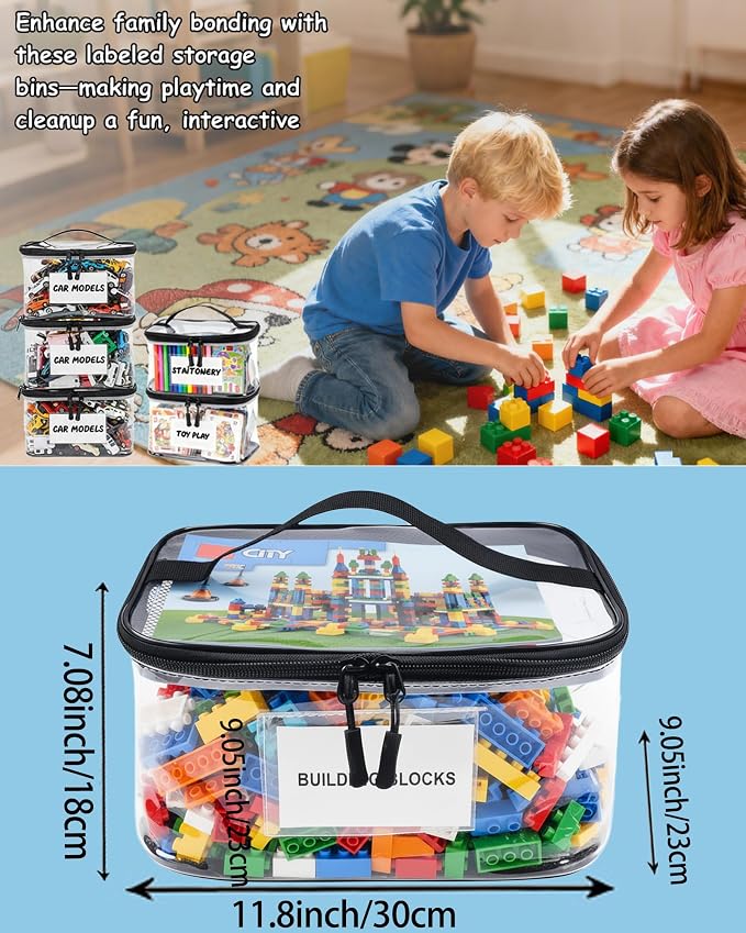 6 Pack Extra Large Clear Storage Bags with Tag & Pocket – Versatile Waterproof Organizer Bags for Books, snacks, picture books, balls, etc. (Black-L-Size-6 Pack)