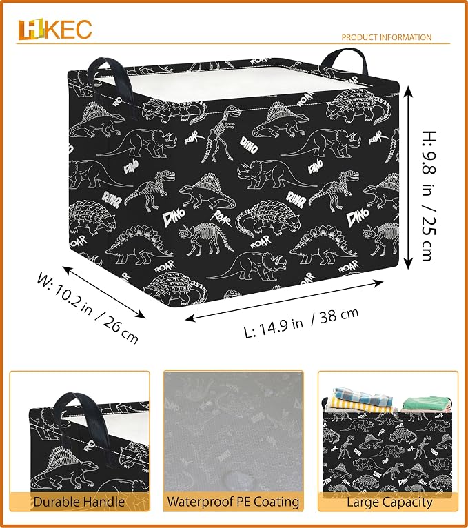 Rectangle Storage Basket with Handles,Collapsible Storage Bin,Books Box,Gift Basket(Black Line Dinosaur)