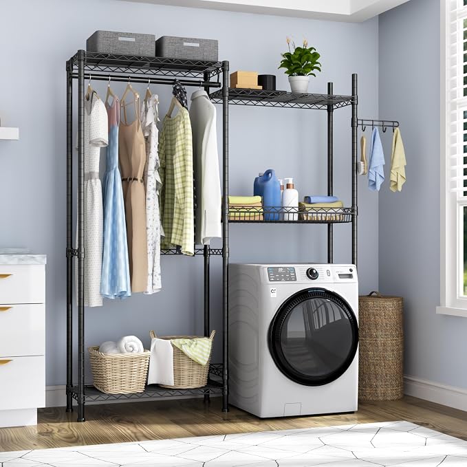 Golpart Laundry Organizer Shelves Over the Washer and Dryer Storage Shelf | Heavy Duty Laundry Room Organization Clothes Drying Rack Adjustable Height Wire Shelving and Wire Basket with Hanger Rod