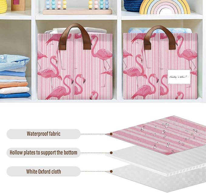 Pink Striped Bg Tropical Flamingo Storage Basket Foldable Cube Storage Bins with Handles&Label Waterproof Collapsible Organizer Box Bin Large Rectangle Decorative Baskets for Shelves Home Room Laundry