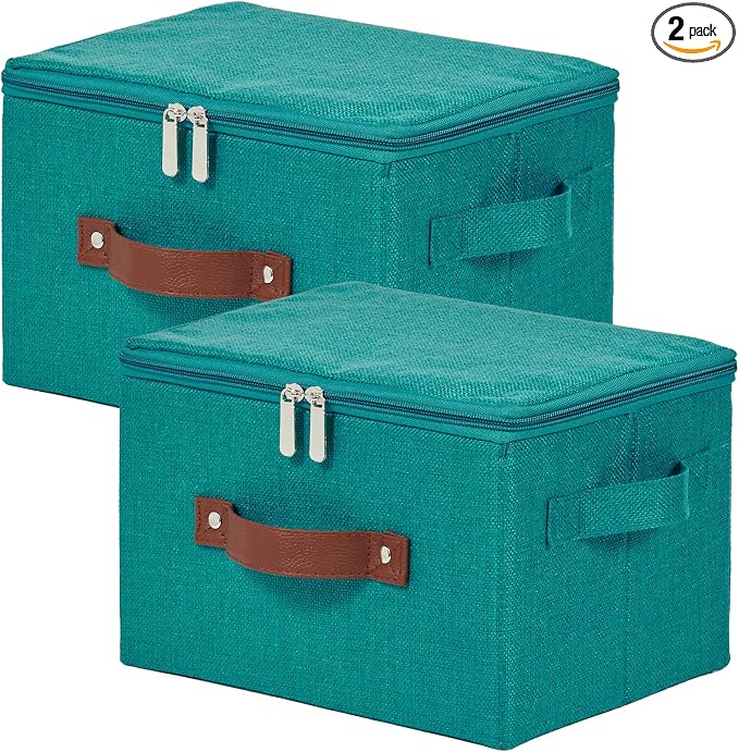 2PCS Storage Bins with Zipper Lids Decorative Lidded Basket Box | Clothes Container, Closet Shelf Organizer, Foldable Washable, Cotton Linen Fabric, w/ PU Leather Handles, Teal Blue, Small