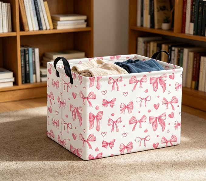Rectangular Valentines Basket for Women Girls Storage Bin Organizer Box Shelf Room Decor(Heart Bowknot)