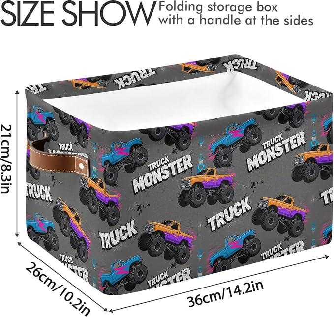 Wamika Monster Truck Black Red Blue Storage Basket Fabric Toy Baskets Racing Cars Boys Open Home Storage Bins Boxes Foldable Organizer Bag for Toy Book Shelf Closet Baskets 16×12×8 Inches 2 Pack