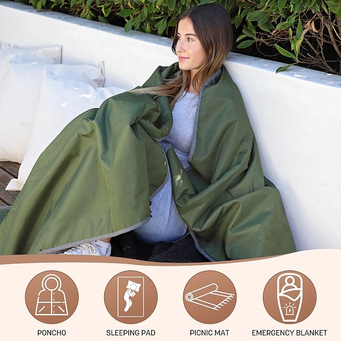 Tirrinia Waterproof Outdoor Blanket with Sherpa Lining, Windproof Foldable