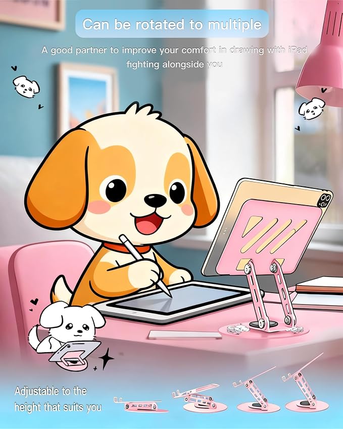 Upgraded 360°Rotating Tablet Stand with Foldable Base - Cute Dog Pattern,Universal for 7-13" Devices (iPad,iPhone,Tablet,Phone) - Ideal for Desk Work,Office,Travel,Home & Painting