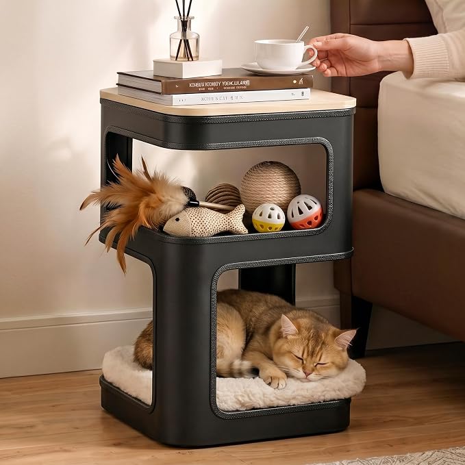 EUREKA ERGONOMIC Side Table Cat Beds, Square End Table with Cat House, Metal Nightstand with 3 Tier Storage, Modern Side Table End Beside Table for Living Room Bedroom Indoor, Easy Assembly, Black