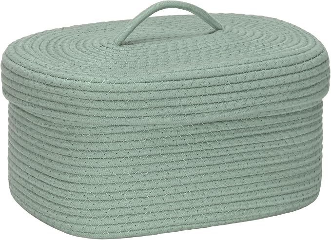 Sea Team Oval Storage Basket, Woven Cotton Rope Basket with Lid, Green | Decorative Knitted Storage Bin, Multi-Purpose Lidded Organizer for Closet Shelves, Nursery and Household Storage
