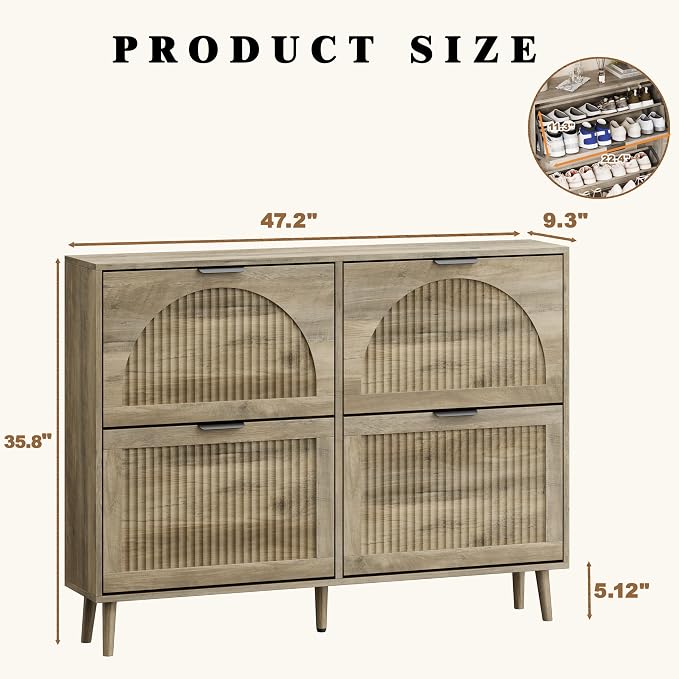 Shoe Storage Cabinet with 4 Flip Drawers, Narrow Wood Shoe Organizer Cabinet with Fluted Panel, Slim Shoe Rack for Entryway, Freestanding Shoe Cabinet for Living Room, Hallway, Grey