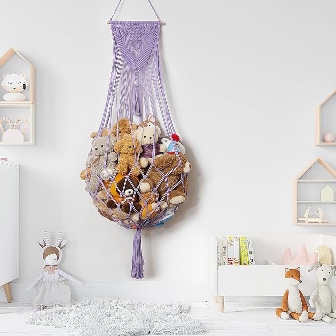 Stuffed Animal Net or Hammock Corner or Wall Hanging Net for Plush Toy Storage Boho Macrame Toy Display Nursery Bedroom Decor Stuffy Animal Toy Organizer (Purple)