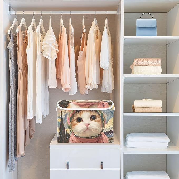 Cat Pet Storage Bins with Lids Closet Bedroom 40L Storage Basket | Decorative Storage Boxes, Foldable & Stackable, Dust-Proof Flip Top, Reinforced Handles, For Home & Dorm, Clothes & Toy Box