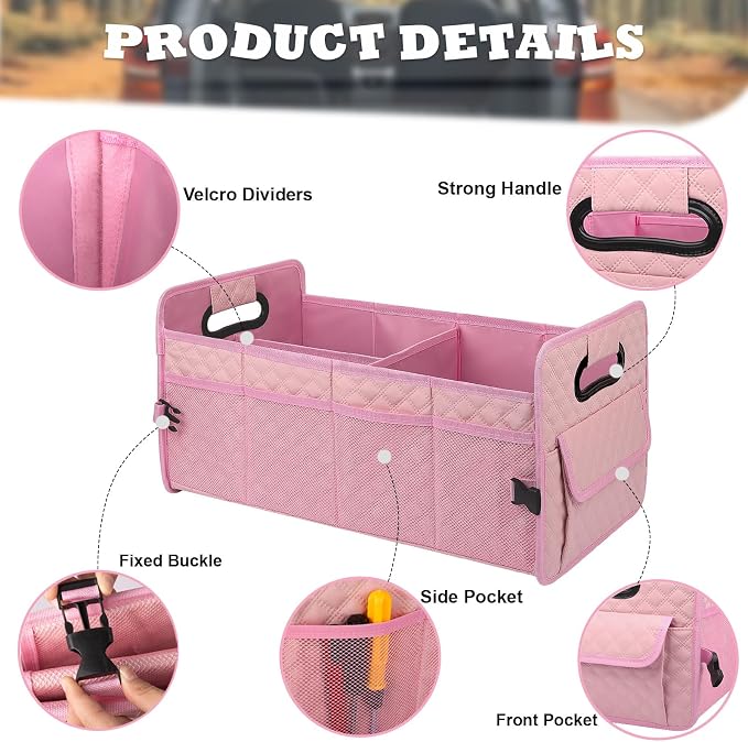 Car Trunk Organizer for SUV, Collapsible Car Storage Organizer Large Pink | Sturdy, Strong Capacity, Diamond Decor, Multi Compartment Container Box Adjustable Car Accessories for Sedan Truck