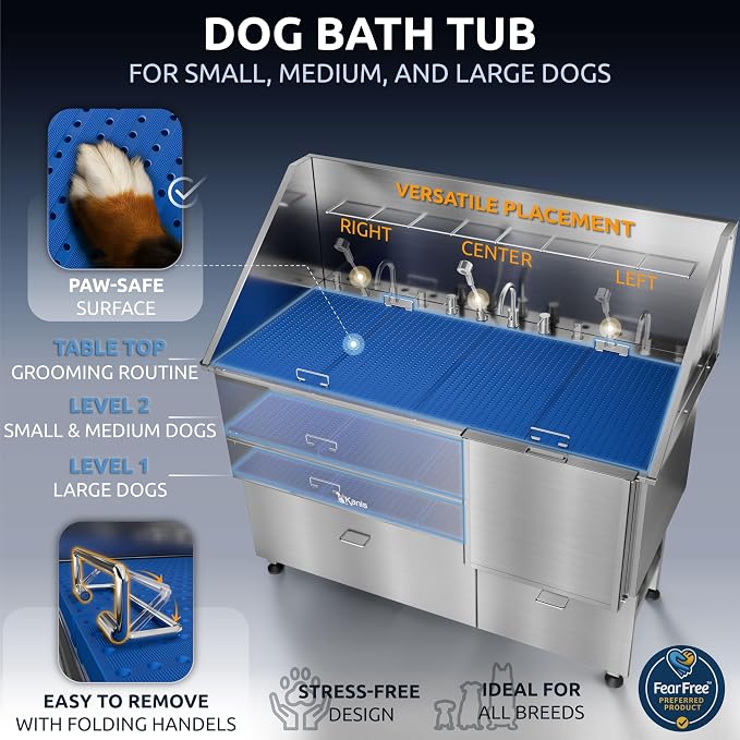 Professional Dog Washing Station 304 Stainless Steel Pet Wash Sink | Grooming Bathtub w/Shower, Floor Grates and Storage for Large, Medium & Small Pets