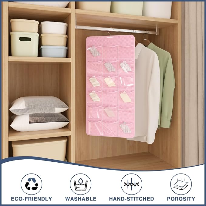 26-Pocket Hanging Closet Organizer for Socks and Underwear, Pink | Non-woven clear compartments keep bras & leggings visible; swivel hook fits wardrobe, closet rod, wall, door or shelves.