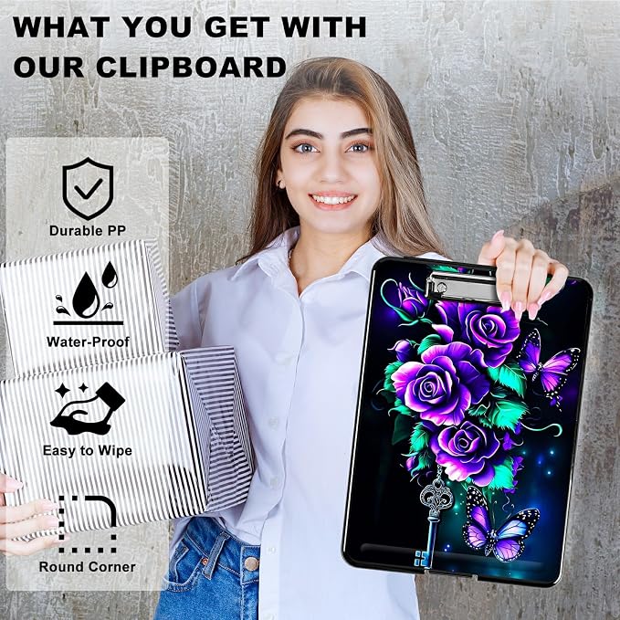 Purple Roses 02 A4 Clipboard with Storage Pen Holder, Clipboards Organizer Nursing Clipboard Foldable File Folder Plastic Clipboard Folio Clip Board for Office Students Classroom Doctor