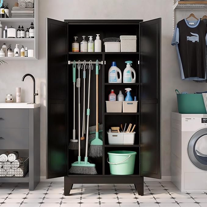 71" H Broom Closet Storage Cabinet,Metal Garage Storage Cabinets,Utility Cabinet,Black Storage Cabinets