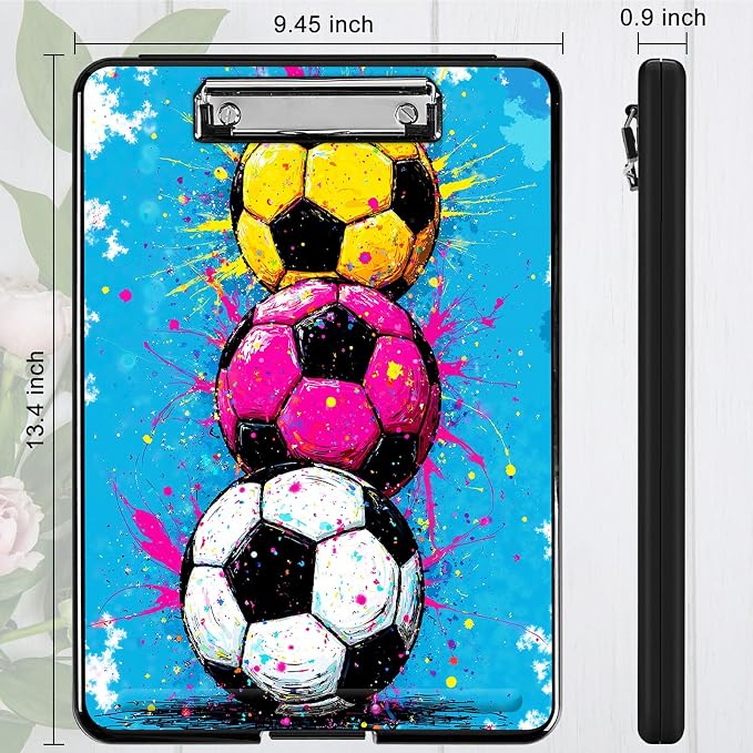 Heavy Duty Storage Clipboard, Slim Nursing Clipboard with Internal Pen Case, Portable File Organizer Case for A4 Letter Size Paper Office Medical Professionals, Soccer Painting