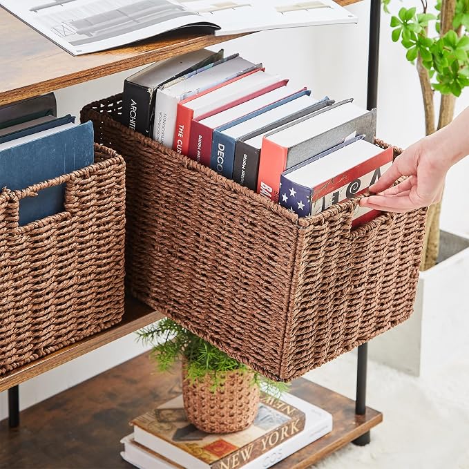 Vagusicc Large Wicker Storage Basket, Set of 2 Baskets for Organizing Brown | Hand-Woven Wicker Small Storage Baskets for Organizing Toilet Paper, Foldable Large Cube Storage Organizer Bins for Shelves