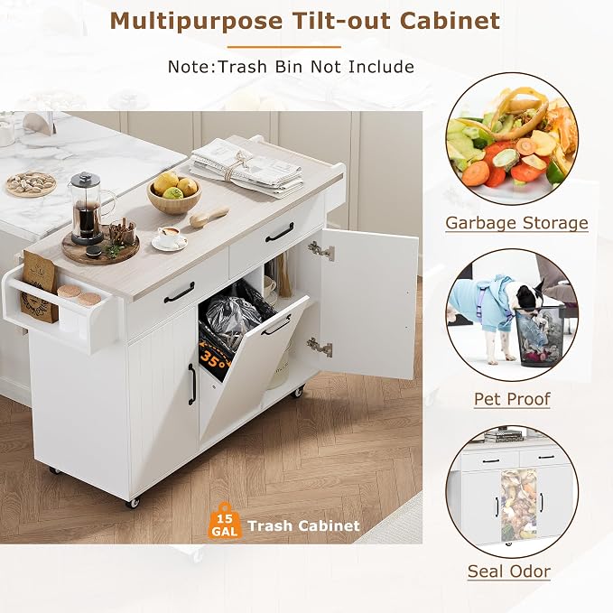 51" Farmhouse Kitchen Island with Trash Can & Storage - Modern White Rolling Kitchen Island with Drop Leaf, Spice Rack, Towel Rack, 20.55"D x 51.06"W x 35.04"H