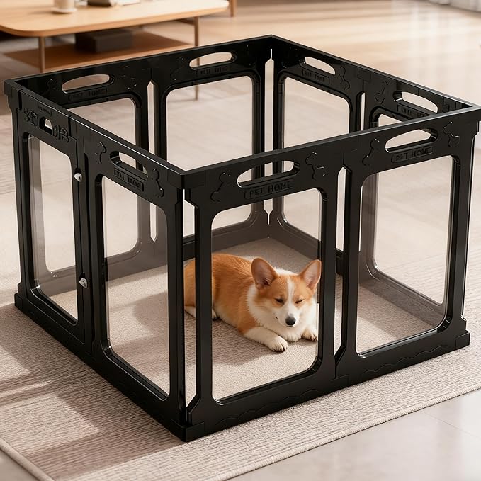 Clear Acrylic Indoor Dog Playpen, 24" H, 8 Panels, Black | Open View, Modern Home, No Climbing Bars, Tool-Free Setup, For Puppies & Small Dogs