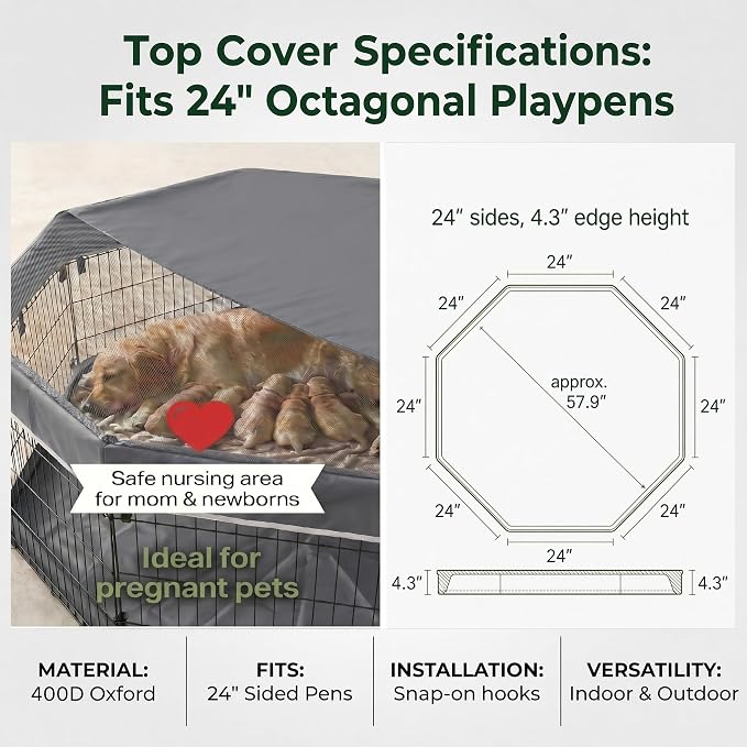 PJYuCien Puppy Playpen with Top Cover & Bottom Pad, 8 Panels 42" H, Gray | 24"W, Large Pet Safe Sanctuary, Foldable Octagonal Pen, Versatile, Indoor & Outdoor, Backyard Pasture, Protects Floors