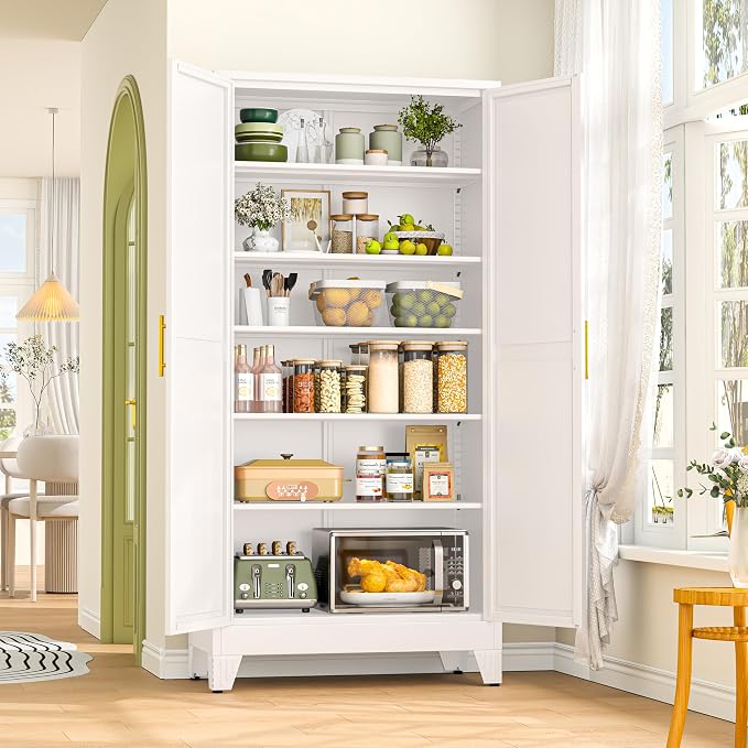 GAIOUS 75.2" Tall Metal Storage Cabinet with 2 Doors & 5 Adjustable Shelves | New upgrade Kitchen Pantry Cabinet, White Freestanding Cupboard, 6 Tier Steel Storage for Office, Kitchen, Dining, Garage