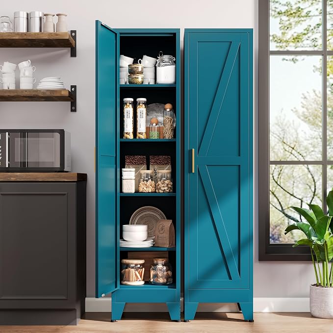 67" H Broom Closet Storage Cabinet,Metal Cleaning Cabinet,Narrow Storage Cabinets with 4 Adjustable Shelves,Slim Tall Floor Cabinet