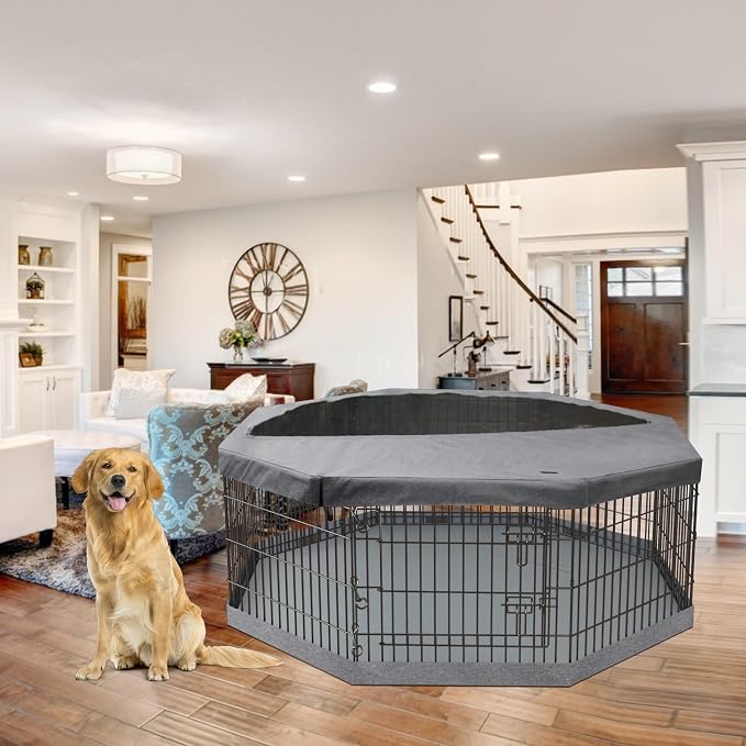 PETIME Foldable Metal Dog Exercise Pen/Pet Puppy Playpen Kennels Yard Fence Indoor/Outdoor 8 Panel 24" W x 36" H with Top Cover and Bottom Pad (Playpen+Bottom+Top Cover, 8 Panels 36" H)