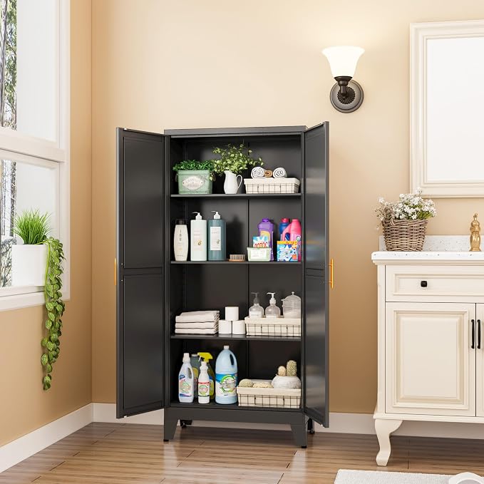 GAIOUS Metal Storage Cabinet, Black Pantry Storage Cabinets with 2 Door | and 3 Adjustable Shelves, Kitchen Food Storage Cabinet, Metal Utility Cabinet for Kitchen Laundry Room, Cupboard