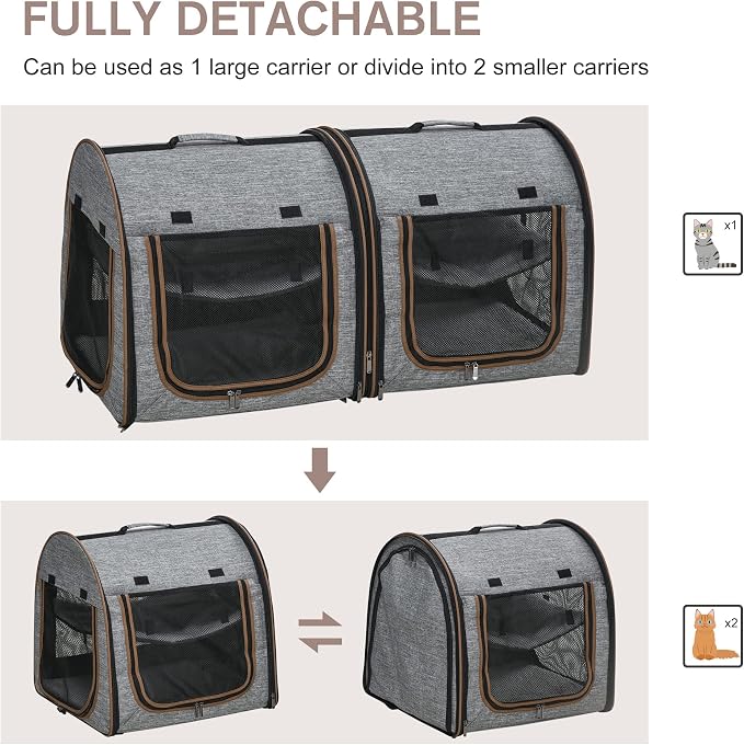 PawHut 39" Portable Soft-Sided Cat Carrier, Two Compartments, Light Gray | Cat Kennel, Travel Dog Crate with Divider, Soft Cushions & Storage Bag, Easy to Fold