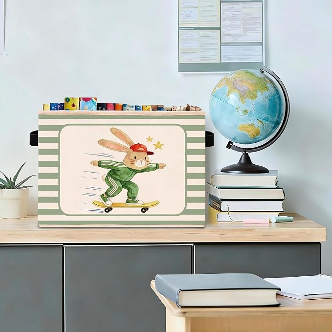 Skateboard Bunny Storage Bin, Foldable Fabric Basket for Kids Room | Foldable fabric storage bin with sport bunny design for toys, books, clothes, nursery, bedroom, and playroom use.