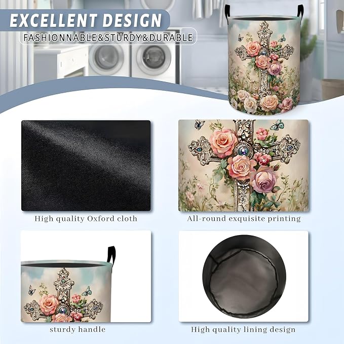 Retro Cross Floral Laundry Basket, Garden Flower Ornate Art Storage Hamper, Round Collapsible Waterproof Cloth Bin, 19.7x15.7 Inch Vintage Clothes Organizer Gifts for Bathroom Decor