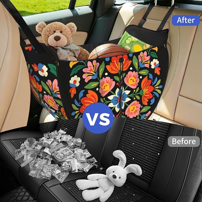 Hungarian Embroidery Car Seat Organizer-Backseat Storage Bag for Travel | Waterproof Durable. Holds Snacks Gear Essentials. Fits Most Cars.