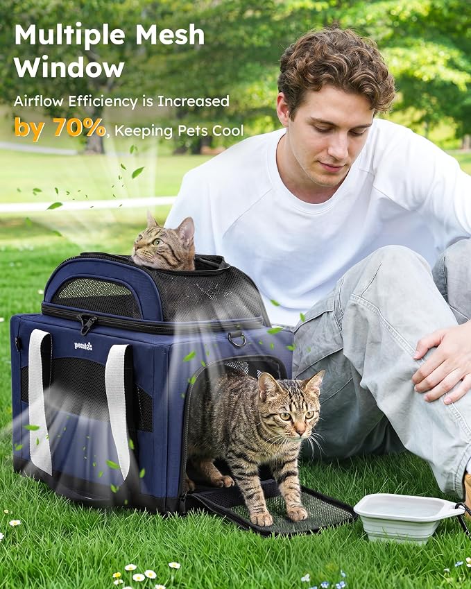 Pecute Cat Carrier, Top Expandable Dog Crate for Travel, Blue