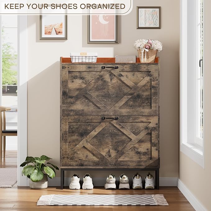 Shoe Cabinet with 2 Flip Drawers, Entryway Organizer, Chestnut | Slim Wood Shoe Rack with Metal Legs, Farmhouse Shoe Cabinet Storage for Entryway, Foyer, Hallway, Shoe Dresser with Hook