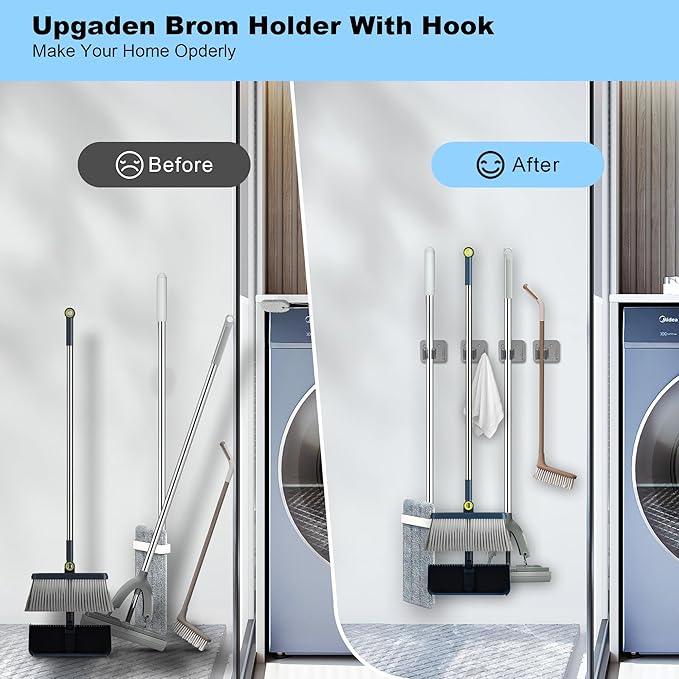 2 Pack Broom Holder Wall Mount, 304 Stainless Steel Mop Organizer with Hook | No Drill Adhesive and Screw Installation, Rust Proof Storage Rack for Garage, Laundry, Garden, Silver
