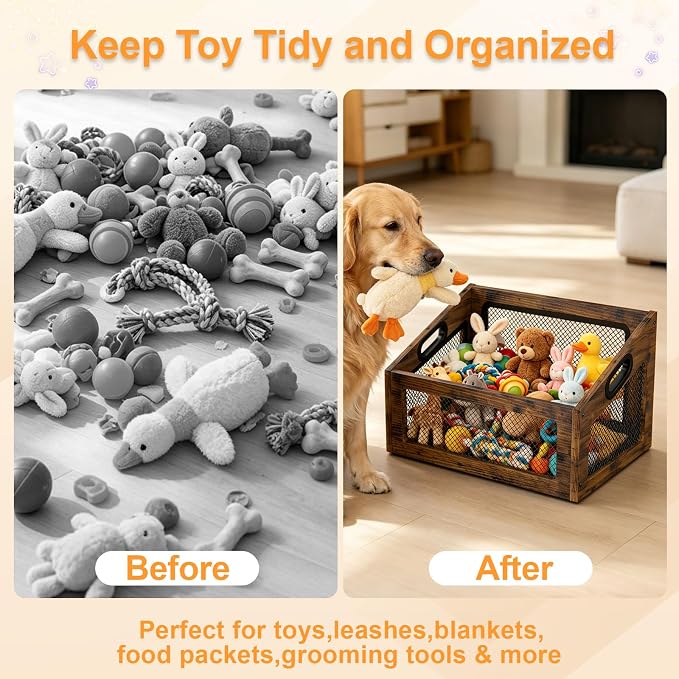 Wood Dog Toy Basket,Chew-Proof Dog Toy Box Bin | Spacious Dog Storage Organizer,Cat Toys Basket Box for Pet Toy Treat Clothes in Living Room