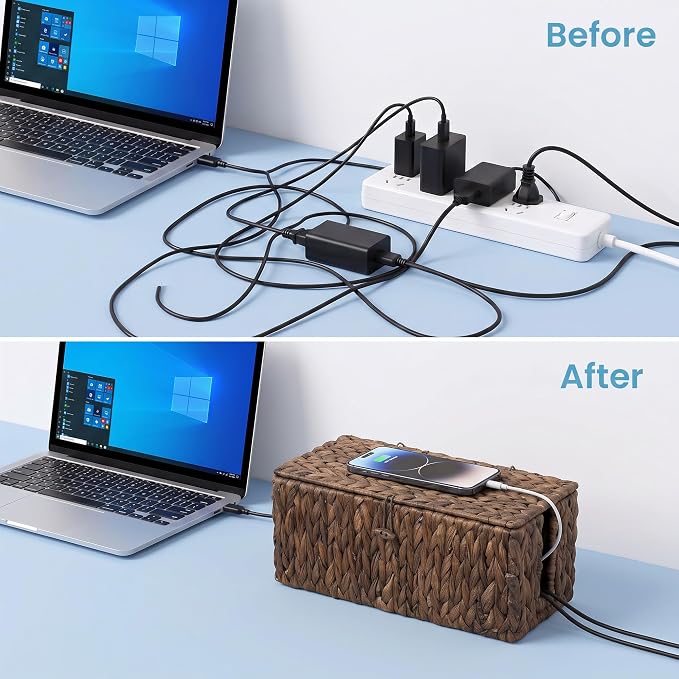 efluky 2 Pack Water Hyacinth Floor Cord Covers with Lid, Hand-Woven Cable Management Box, 2 Open Slots Cord Box to to Hide USB Wire, Power Strip & Charger for Home & Office and Dorm, Brown