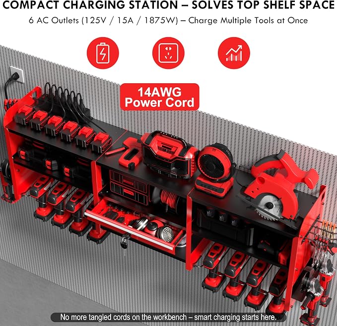 KSVO Large Power Tool Organizer Wall Mount with Locking Drawers, Red | Grinder Holder, Hammer & Pliers Rack, 6-Outlet Charging Shelf, Heavy-Duty Metal Storage for Garage & Workshop
