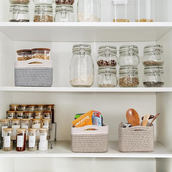 Goodpick 3-Pack Cotton Rope Baskets for Shelves, 11 x 7 x 4.5 in | Woven Baskets for Closet Fit Bedroom Lving Room, Small Baskets for Gift Empty, Dog Toy Basket for Pet, White & Brown