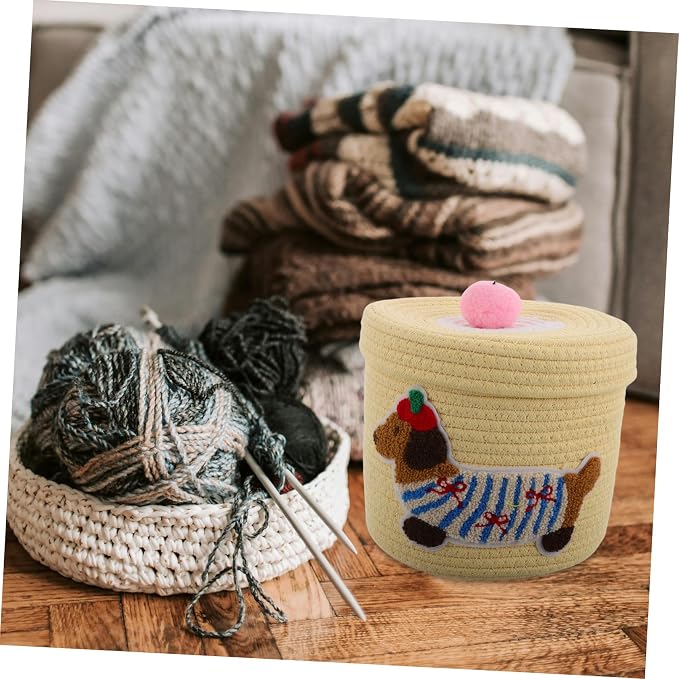 Cute Dog Storage Basket with Lid Woven Cotton Rope Organizer for Car Nursery and Pet Toys Generous Capacity Dust Protection Adorable Design Yellow Dachshund