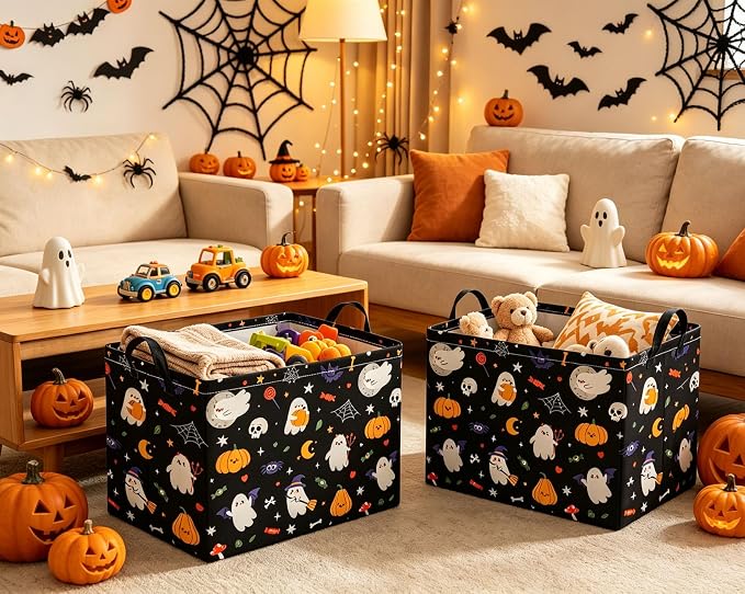 Rectangular Halloween Basket for Boys and Girls Kids Trick or Treat Pumpkin Basket for Halloween Parties Cute Storage Bin Organizer Box Room Decor(Black Halloweens)