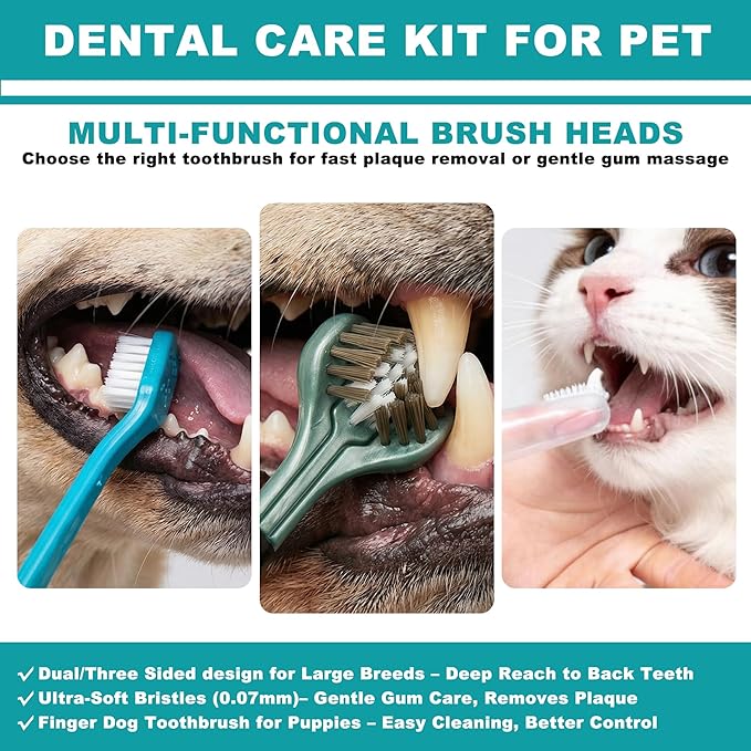 Dog Toothbrush Kit, 360° Silicone Finger Toothbrush for Plaque and Tartar Cleaning, Dual Head &Three Sided Dog Toothbrush for Small &Medium & Large Pets, Easy Teeth Cleaning and Dental Care (7 Pack)