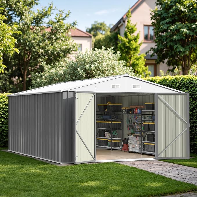 Patiowell 10x14 FT Outdoor Storage Shed, Grey | Garden Metal Shed, Lockable Doors, Sloping Roof, Large Outside Utility Tool Sheds For Backyard Garden Patio